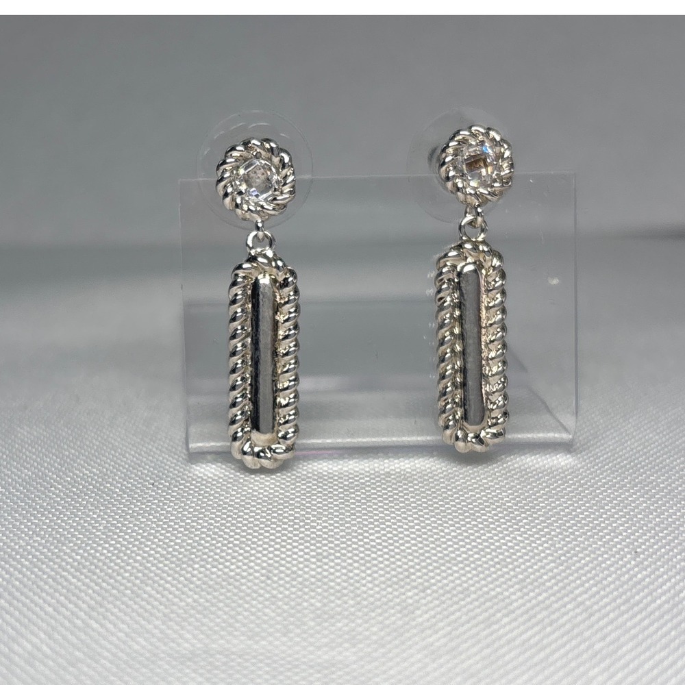 Silver Tone Rope Border Rectangular Drop Earrings with Cubic Zirconia Accents